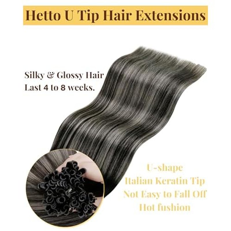 Hetto Ktip Human Hair Extensions Balayage K Tips Hair Extensons Real Human Hair Black to Silver Grey U Tip Hair Extensions Straight 14 Inch 50G 50S