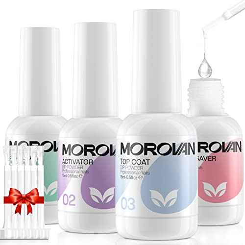 Morovan Dip Powder Liquid Set with Activator Base Top Coat and Dipping Powder Brush Saver 4pcs 0.5oz for Dip Nail Kit