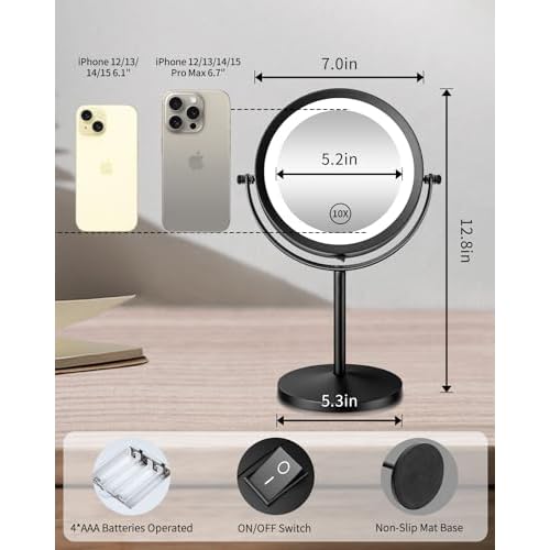 Benbilry 10X Magnifying Lighted Makeup Mirror, 7 Inch Double Sided 1X/10X Magnification with Lights, 360¡Æ Rotation Swivel Travel Make Up Mirror with Lighting, Battery Operated Black