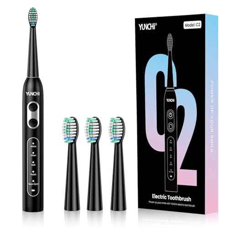 YUNCHI Sonic Electric Toothbrush for Adults and Kids, Black Electric Toothbrush,55 Days Last USB Rechargeable Toothbrush, 5 Modes, 4 Brush Heads, 2-Min Smart Timer, IPX7 Waterproof