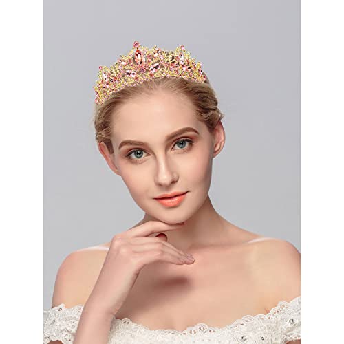 Pink Tiara for Women Gold Crown for Girls Wedding Princess Birthday Crystal Rhinestones Headbands for Prom Bridal Party Halloween Costume Christmas Gift