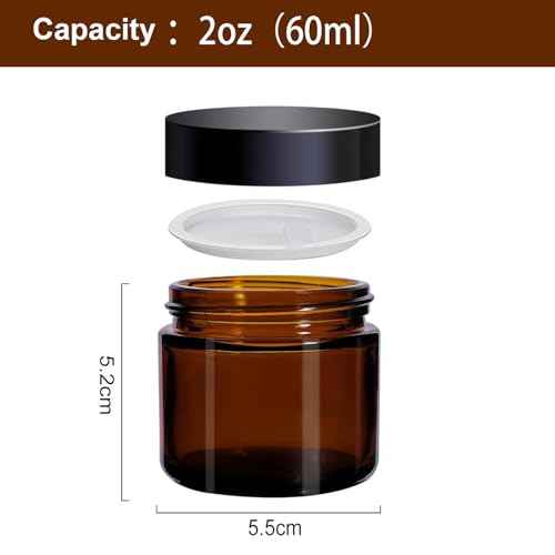 24 Pack 2 oz Round Amber Glass Cosmetic Jars with Inner Liners and Black Lids, Travel Jars, Refillable Containers for Makeup, Cream, Lotion, Sugar Scrubs, Eye Shadow, Slime, Paint, Jewelry