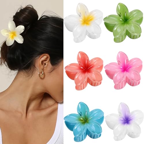 Hawaiian Flower Hair Clips ? 6 Pack Colorful Claw Clips for Women & Girls, Large Aesthetic Hair Accessories for Thick or Thin Hair, Summer Beach Vacation Gift
