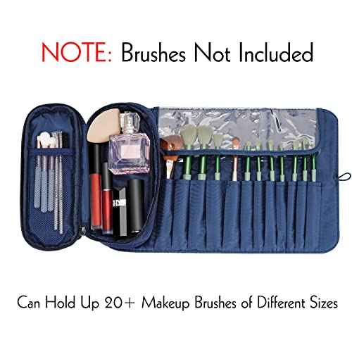 LUEXBOX Portable Folding Makeup Brush Bag, Multifunctional Cosmetics Rolling Storage Case Makeup Brush Holder for Travel, Makeup Brush Organizer Bag (Dark Blue)