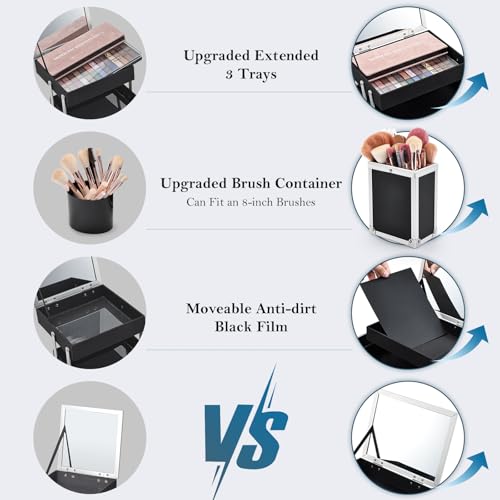 FRENESSA Makeup Train Case Makeup Box 11.8 Inch Large Makeup Case Organizer 3 Trays with Mirror Locking Cosmetic Storage Box for Cosmetics Nail Supplies Sewing Travel Case Black Floral