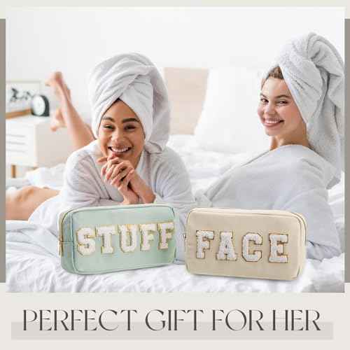 Cunno 4 Pcs Preppy Makeup Bags Chenille Letter Stuff Bag Nylon Cosmetic Pouch Cases with Zipper for Women Travel Toiletry