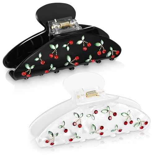 2 PC Acrylic Hair Clips Claws for Women with Rhinestone Red Cherry Claw Clip Cute Aesthetic Hair Fix Hair Clips Birthday Day Gifts for Women (White, Black)