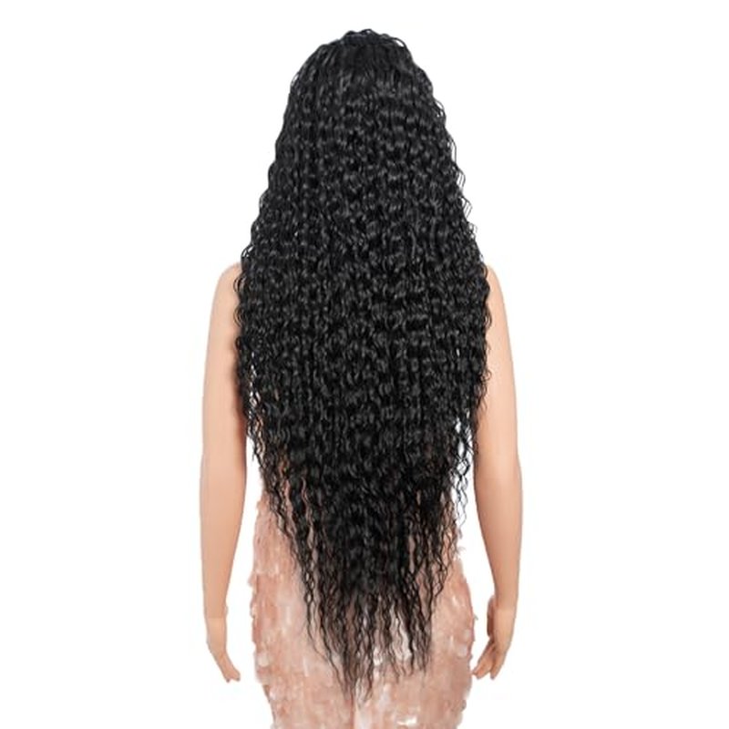 Style Icon 36¡±Super Long Curly Wig C-Shaped Side Part Lace Wig Afro Baby Hair Synthetic Black Wigs(36 inches, 1B)