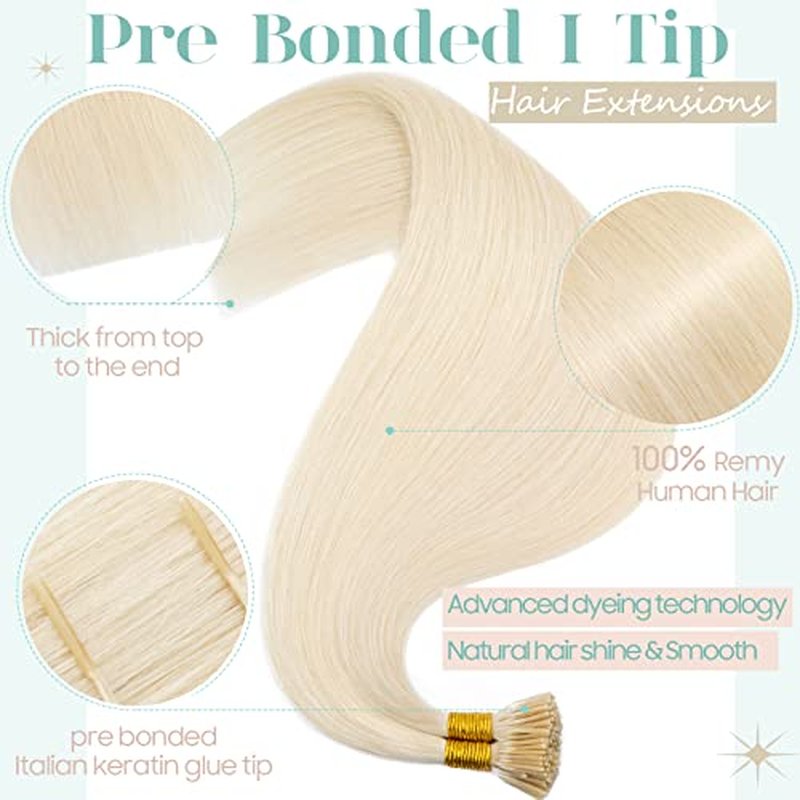 S-noilite Pre bonded I Tip Hair Extensions Human Hair Cold Fusion Stick Tip Real Human Hair Piece Invisible Keratin Glue Hair Extensions Full Head 100 Strands 50g 16 Inch (#60 Platinum Blonde)