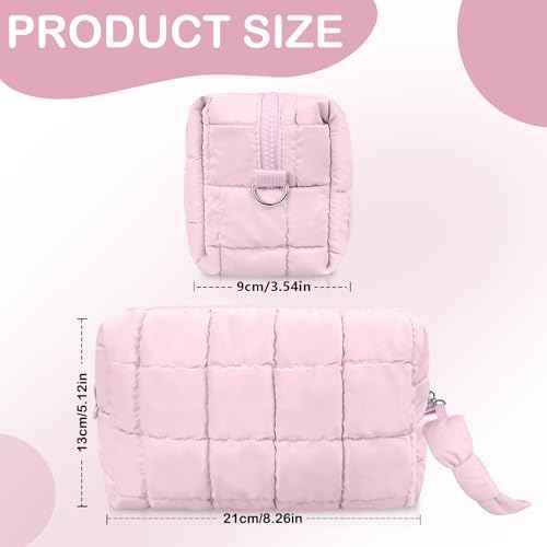 Puffy Quilted Makeup Bag, Cute Checkered Cosmetic Bags with Divider, Waterproof Travel Toiletry Bag, Make up Pouch for Women & Girls Travel Essentials (Bow, Pink, Medium)