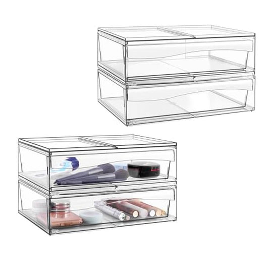 Homeanda 4 Pack Clear Stackable Storage Drawers, 12.1''W Acrylic Plastic Organizers for Makeup, Nail Polish, Snacks, Beauty Supplies, Ideal for Vanity, Bathroom, Undersink, Cabinet, Desk Organization