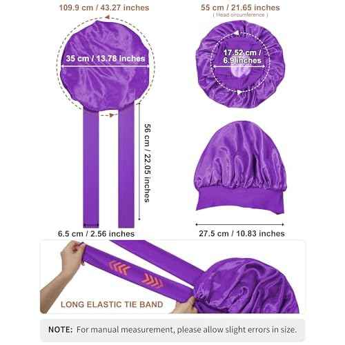 Satin Bonnet for Women Silk Bonnets for Sleeping Curly Hair Bonnet with Elastic Tie Band Reversible Double Layer Sleep Cap Hair Wrap (Purple)