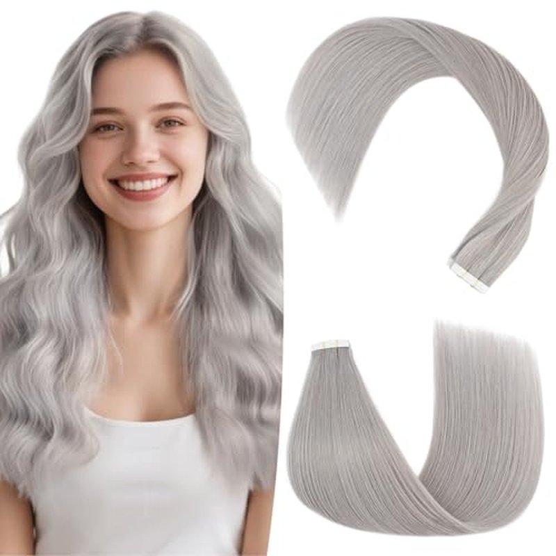 Hairro Tape In Human Hair Extensions For Women 12 inch 40g 20pcs #SILVER