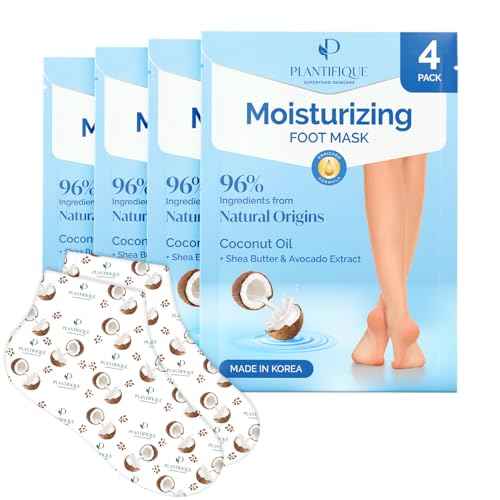 PLANTIFIQUE Korean Foot Mask with Shea Butter 4 Pairs box for Dry & Cracked Feet | Hydrating Socks for Soft Heels | Intense Moisturizing and Repairing Dry Rough Skin | Foot Spa | Happy Feet Mask