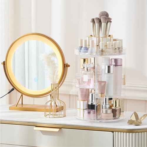 SUNFICON Rotating Makeup Organizer 360 Rotation Cosmetic Storage Holder Crystal Clear Acrylic Makeup Turntable Spin Display Stand Bathroom Bedroom Countertop Vanity Dressing Table Gift Girl Lady Women
