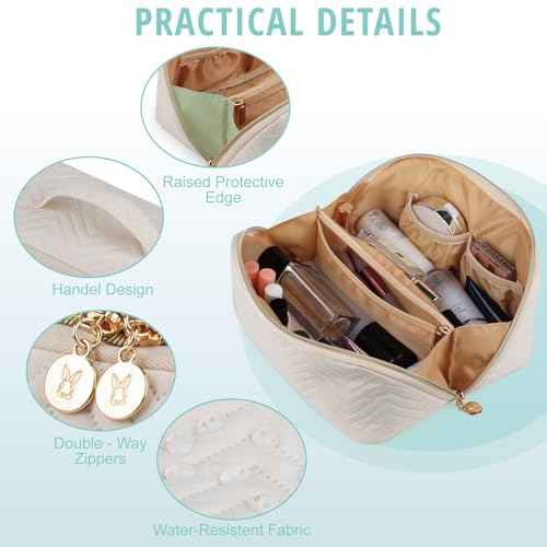 Makeup Bag Cosmetic Bag, Large Capacity Travel Makeup Bag for Women with Portable Pouch Open Flat Water-resistant Toiletry Organizer Bag with Handle (Beige)