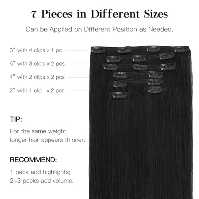 HOTBANANA Human Hair Clip in Hair Extensions, Natural Black 120g Clip in Hair Extensions Real Human Hair Straight Remy Hair 20 Inch 7pcs