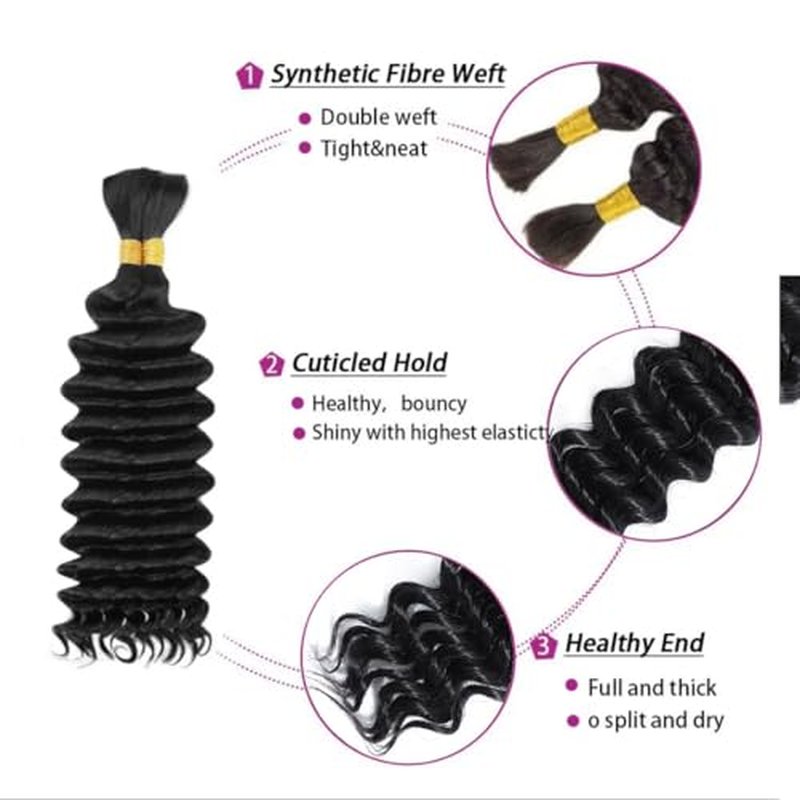 Human Braiding Hair 2 Bundles/Pack 100g Deep Human Bulk Hair for Braiding No Weft Brazilian Grade 10A Virgin Human braiding Hair for Boho Braids Wet and Wavy Braids Extensions 24 Inch