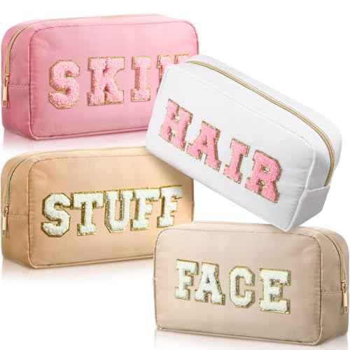 Remerry 4 PCS Nylon Cosmetic Bags Waterproof Spacious Travel Makeup Organizer for Women Chenille Letter Preppy Zipper Pouch Face Stuff Skin Hair Organizer Gift(Light Brown, Beige, Light Pink, White)
