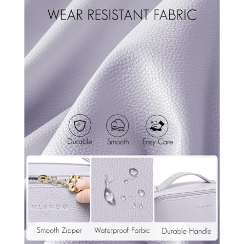 Vlando Makeup Bag,Large Capacity Toiletry Bag for Women Waterproof Portable Make up Pouch PU Leather Open Flat Cosmetic Bag(Purple)