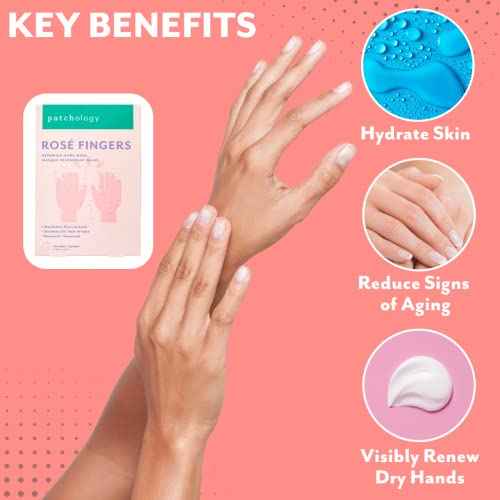 Patchology Ros? Fingers Renewing Hand Mask - Strawberry-Scented Moisturizing Gloves with Shea Butter for Dry & Cracked Hands, Repairing Hand Treatment for Baby Soft Skin, Self-Care Essential - 1 Pair