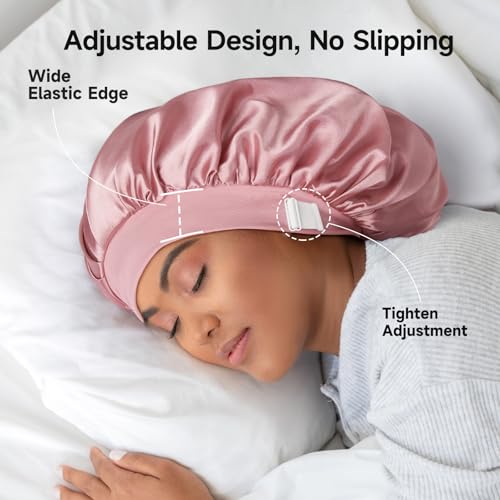 22 Momme 100% Real Mulberry Silk Bonnet for Sleeping Women, Large Hair Care Bonnet for Long Curly Hair, Double Layer Silk Wrap with Soft Elastic Band, Non-Slip Sleep Cap, Pink
