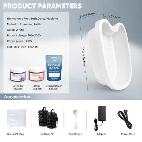 Ionic Foot Bath Detox Machine, Premium Ion Foot Spa for Home Use, Includes 3 Sea Salts (Original/Rose/Lavender), Basin, 2 Ion Arrays & Accessories, Perfect for Parents/Seniors/Partner/Self