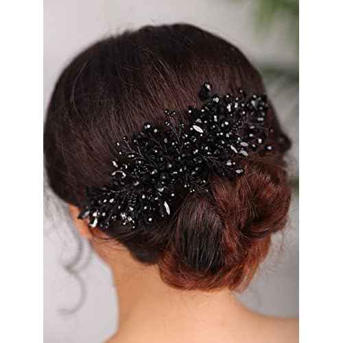 Teyglen Women Dainty Black Rhinestones Crystal Bride Wedding Hair Comb Headband Luxurious Hair Accessories Shiny Black Rhinestones Crystals Bridal Side Hair Combs for Women Bride Girls