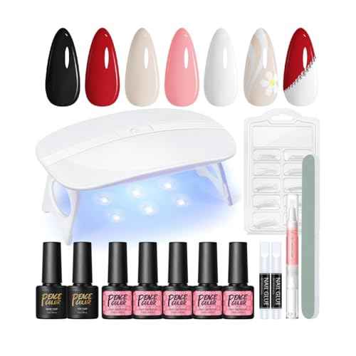 PEACECOLOR Gel Nail Polish Kit with U V Light, 5 Colors Gel Polish Kit All Seasons Soak Off with Base Top Coat 50PCS Nail Tips Nail Art Stickers Glue Manicure Tools Gifts for Women Salon DIY
