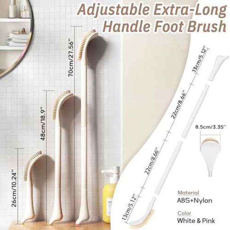 New Foot Brush with Adjustable Long Handle, 3-in-1 Foot Scrubber for Wet or Dry Brushing, 10.2¡¯¡¯- 27.5¡¯¡¯ Foot Scrub Brush for Senior, Pregnant, Disabled, or Injured, Gift-Box Packed(White)