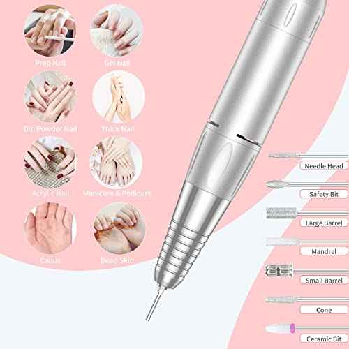 Portable Nail Drill Professional 35000 RPM, MOCOWIND Rechargeable Electric Nail File Machine E File for Acrylic Gel Polishing Removing, Cordless E-File with Bits Kit for Manicure Salon Home, Pink