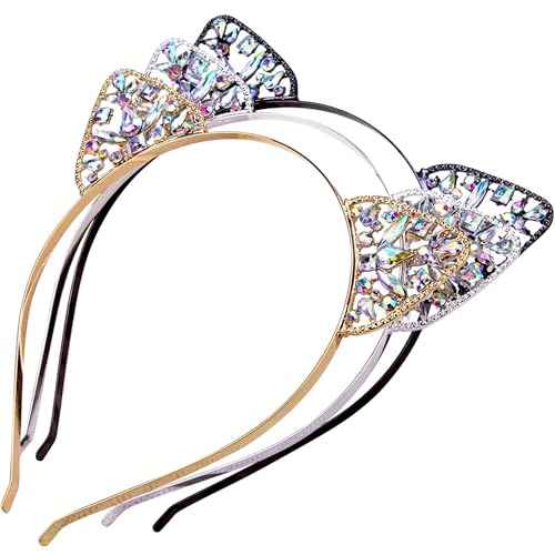 Cat Ears Headband Rhinestone Cat Headbands Crystal Hair Hoop Women Party Headdress Cosplay Costume Headwear Halloween Makeup Handmade Headpiece Hair Band Hair Accessories 3 Pack