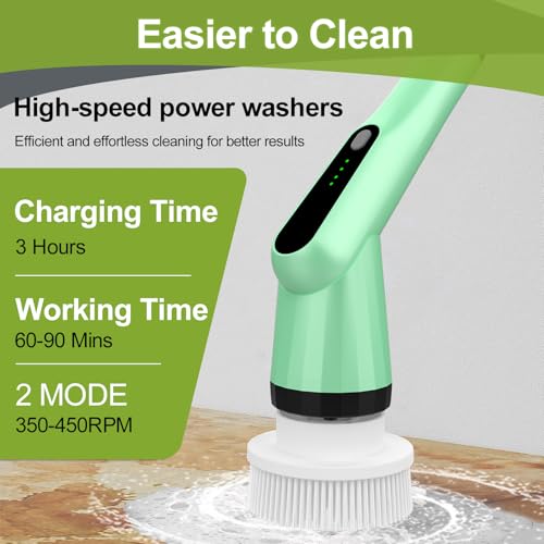 Electric Spin Scrubber, Shower Scrubber with Long Handle Adjustable, 2 Speed & 7 Replaceable Brush Heads Shower Cleaner Brush, Electric Scrubber for Cleaning Bathroom Tile Floor Bathtub Green