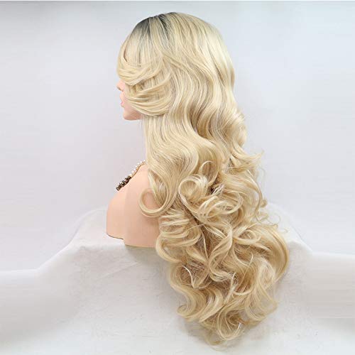 Ombre Blonde Lace Front Wig - Dark Roots & Body Wave | 24-Inch Heat Resistant Fiber Hair Replacement