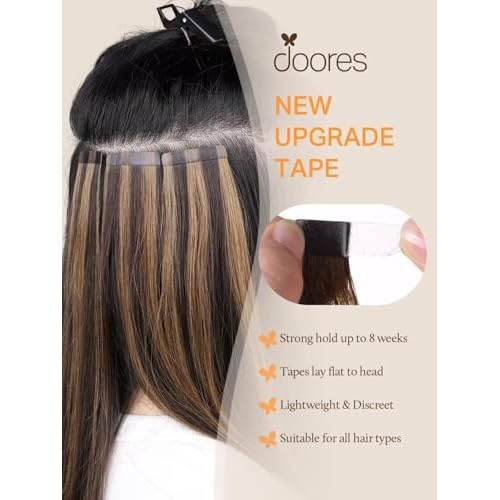 DOORES Human Hair Extensions Tape in Balayage Chocolate Brown to Caramel Blonde 18 Inch Natural Tape in Hair Extensions Seamless Straight Real Remy 50g 20pcs