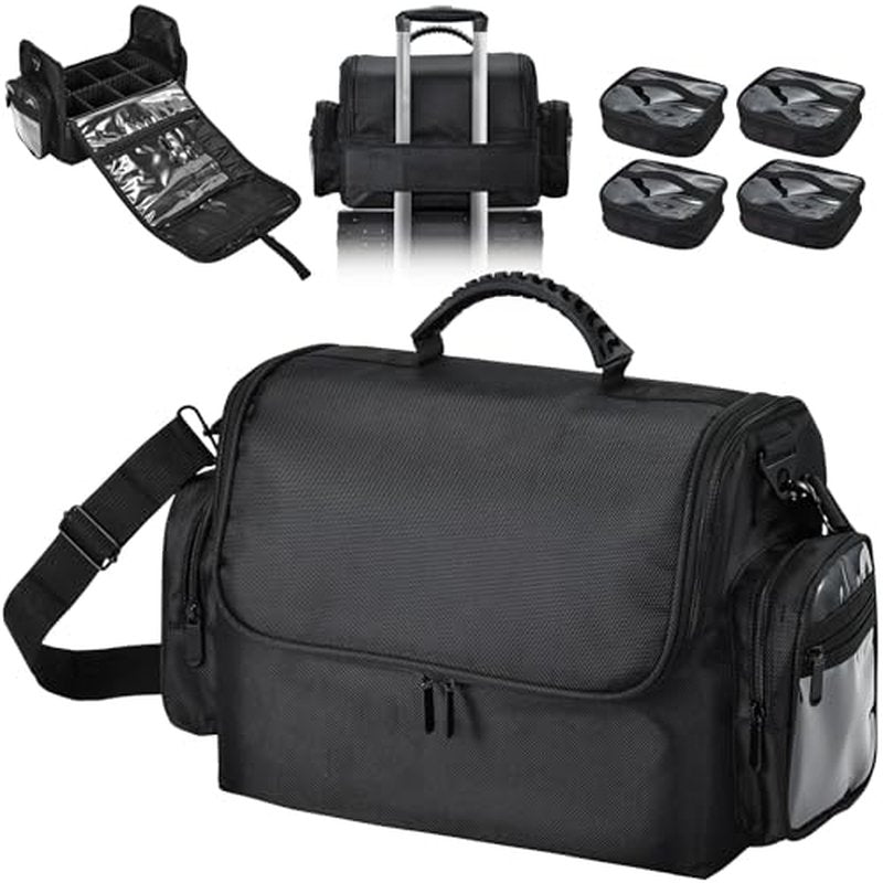 Makeup Train Case 18.1 Inch Large Travel Makeup Organizer Case Portable Makeup Arists Bag with Shoulder Strap Makeup Brush Slots 4 Clear Pouch for Cosmetologist Aesthetic Supplies Nail Tech Makeup Bag