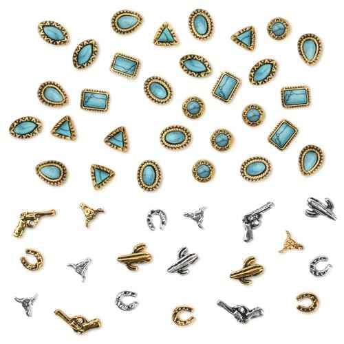 50 PCS Turquoise Nail Charms - 3D Western Nail Charms Vintage Turquoise Gems Stones Art, Retro Metal Gold Silver Cowboy Cowgirl Western Art Stickers Accessories Women DIY