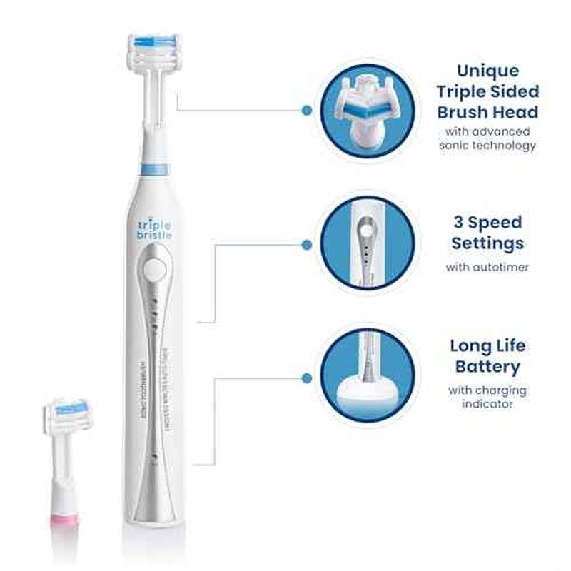 Triple Bristle Original Sonic Toothbrush | Rechargeable 31,000 VPM Tooth Brush | Patented 3 Head Design | Angled Bristles Clean Each Tooth | Dentist Created & Approved | Triple Bristle Original 2 Pack