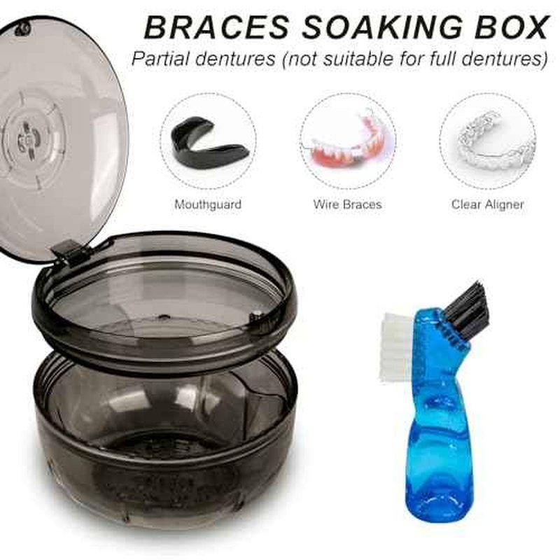 Retainer Cleaning Case,Portable No-Leak Denture Cup Case with Dentures Brush Kit, Travel Retainer Cases with Vent Holes for Clear Aligner,Mouth Guards,Night Guard,Dentures (Black)