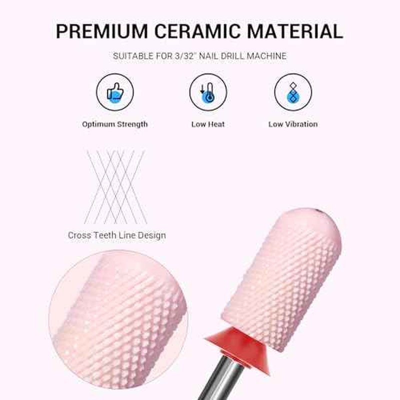 MelodySusie Ceramic Nail Drill Bit, 3/32'' Smooth Round Top Large Barrel Bits, Suitable for Manicure Pedicure Cuticle Gel Polishing, Beginners Bits, Pink, Series Bit-S, Fine