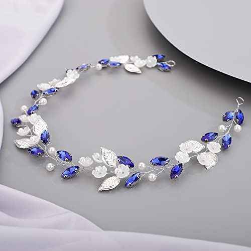 Flower Leaf Crystal Wedding Hair Vine for Bride Bridesmaid Pearls Crystal Hair Accessories for Women and Girls Blue