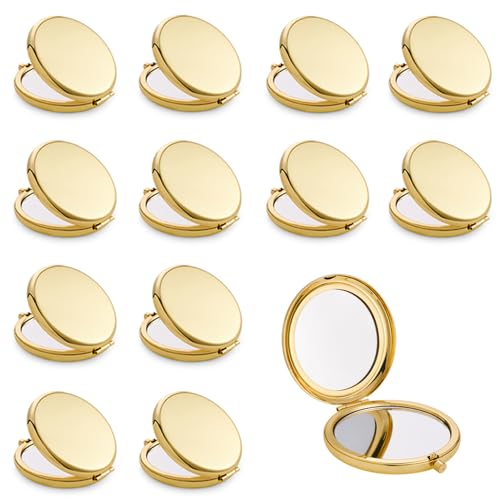 Compact Mirror, Pocket Travel Makeup Mirror for Purse, Metal Round Shell, 2-Sided 1X/2X Magnifying, Portable, Folding, Handheld, Gold, 12 Pack