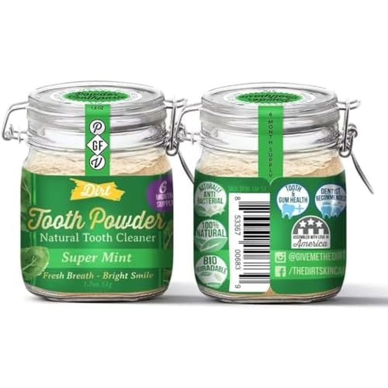 The Dirt - Remineralizing Tooth Powder, Natural Fluoride-Free Teeth Whitening Powder with Hydroxyapatite, Flouride & Gluten Free, Organic Vegan (Super Mint, 51g: 6 Month Supply)