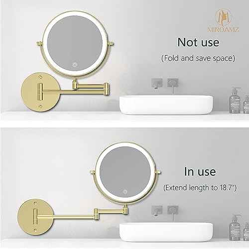 Rechargeable Wall Mounted Lighted Makeup Vanity Mirror 8 Inch Double Sided 1X 10X Magnifying Bathroom Mirror, 3 Color Lighting, Touch Screen Dimming, 360 Rotation Shaving Mirror Gold