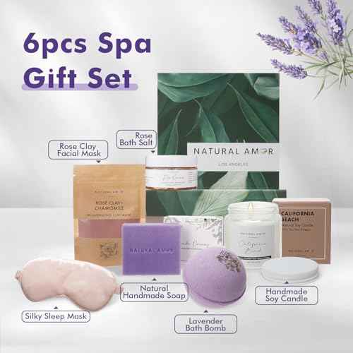 Natural Amor Spa Gift Set for Women 6 PCS? Relaxation Kit with Handmade Soap, Bath Bombs, Candle, Christmas Gift Box for Her, Self Care Birthday Gifts