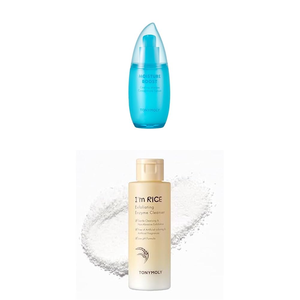 TONYMOLY Moisture Boost Serum, Cooling Marine Concentrate, Hydrating, Mosturizer +I'm Rice Exfoliating Enzyme Cleanser, Enzyme Powder Face Wash, All-in-one Waterless Gentle Rice Polishing Bundle