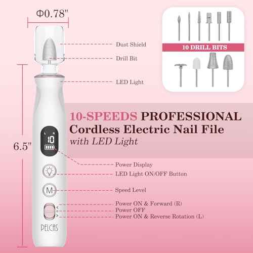 PELCAS Electric Nail File, 10 Speeds Cordless Nail Drill with LED Light, Portable Manicure and Pedicure Kit, Nail Grinder with LCD Screen for Human, Pet, Thick Toenails, Natural & Acrylic Nails