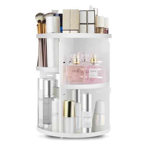360 Rotating Makeup Organizer,DIY Adjustable Spinning Holder,Foldable Cosmetic Storage Display box,Large Capacity Make up Caddy Shelf,Fits Countertop Vanity and Bathroom (WHITE)