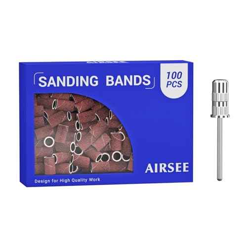 AIRSEE Sanding Bands for Electric Nail Drill 100 Piece Set 180 Grit Medium Acrylic File Attachments Professional Sander 1 Mandrel Bit Beauty Salon Accessories Manicure and Pedicure Finger Callus Brown