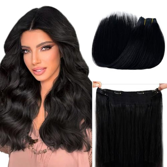 Munx Halos Wire Hair Extensions Real Human Hair Black Wire Extensions with Transparent Lines Natural Black Secret Halos Human Hair Extensions Invisible Black Hair Extensions for Women 80G 16""